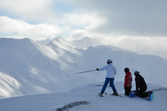 skupinka tří lyžařů v zasněžených horách